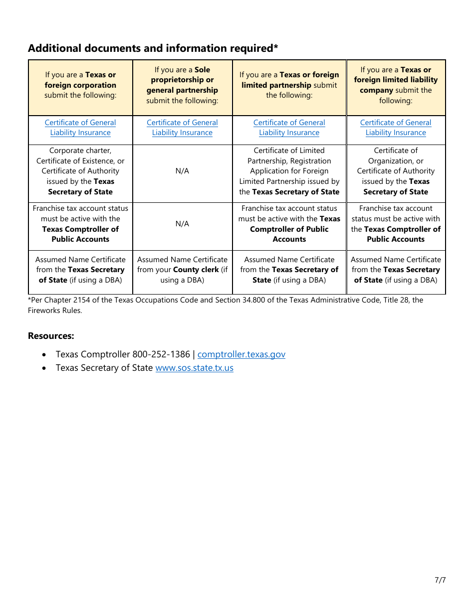 Form SF044 Permit Application for Class B Fireworks (1.3g) Singular or Multiplevdisplay - Texas, Page 7