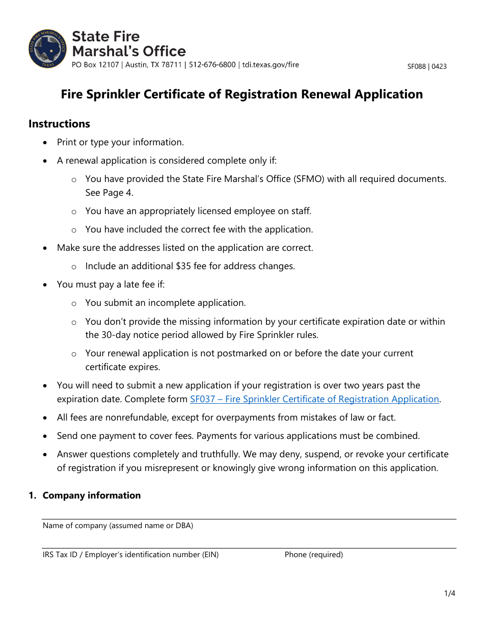 Form SF088 Fire Sprinkler Certificate of Registration Renewal Application - Texas, Page 1