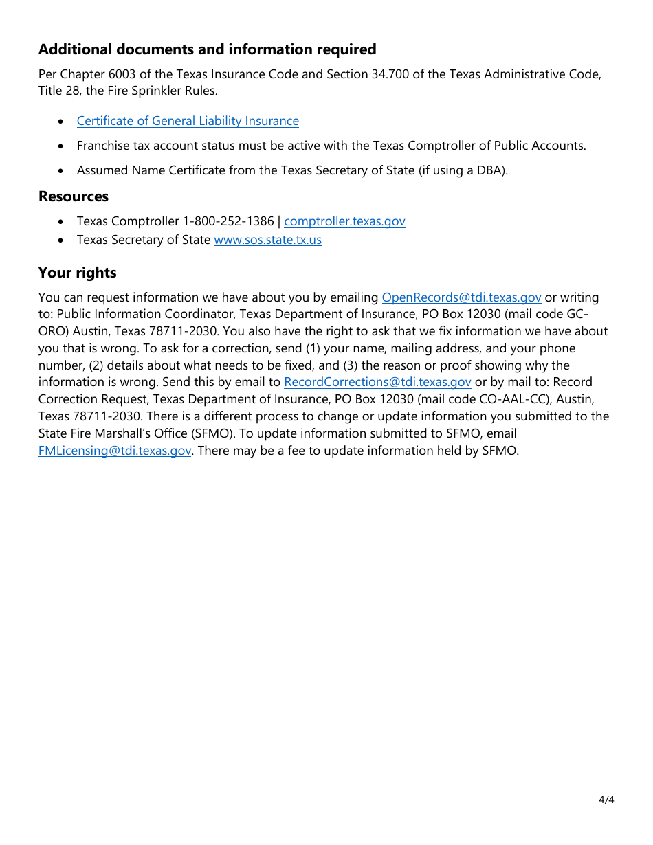 Form SF088 Fire Sprinkler Certificate of Registration Renewal Application - Texas, Page 4