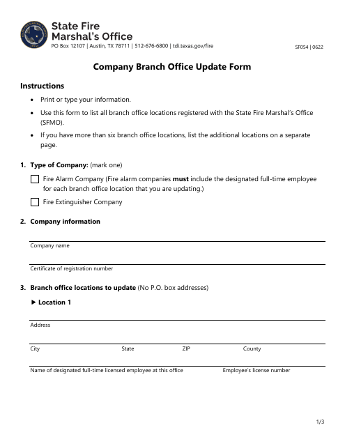 Form SF054 Company Branch Office Update Form - Texas