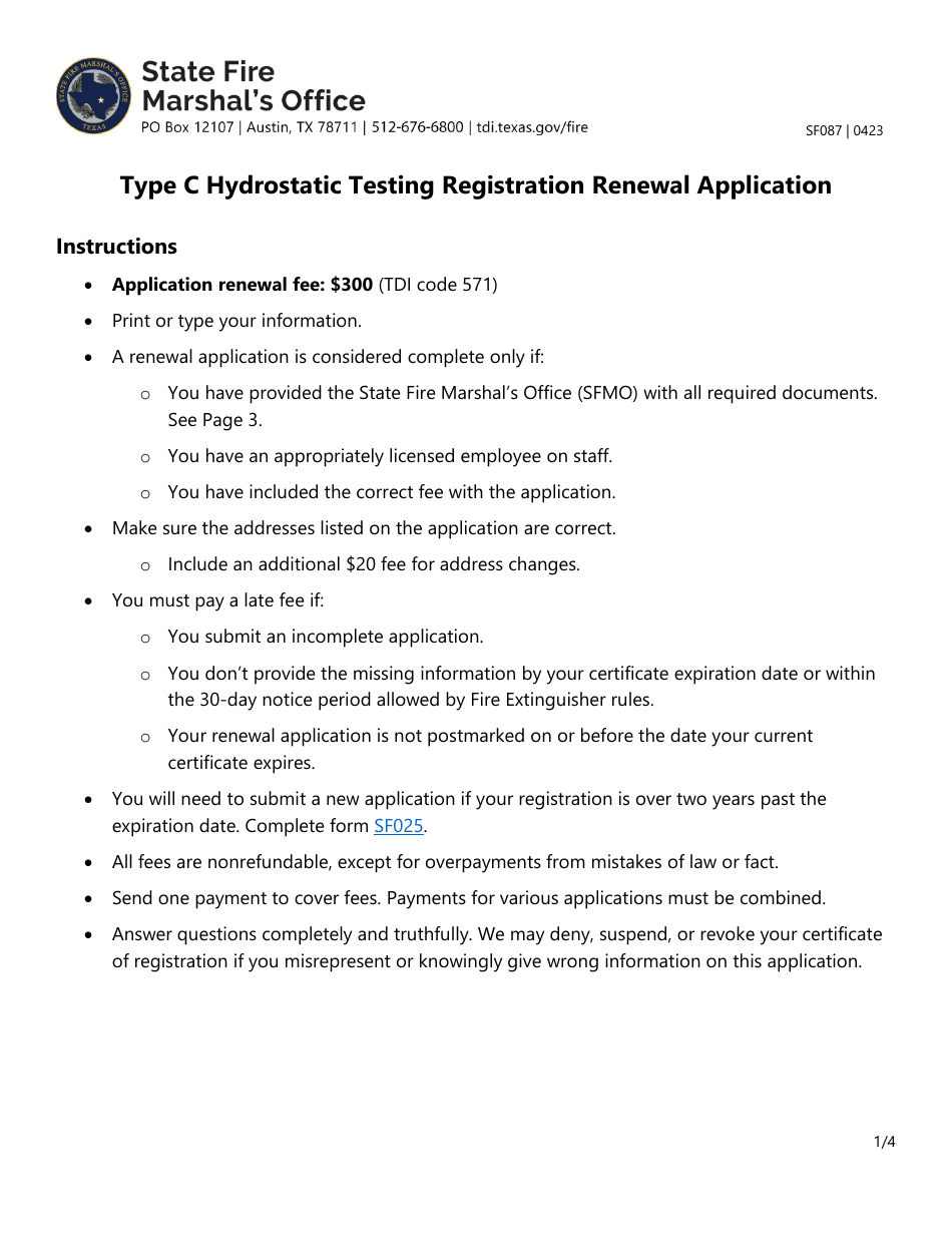 Form SF087 Type C Hydrostatic Testing Registration Renewal Application - Texas, Page 1