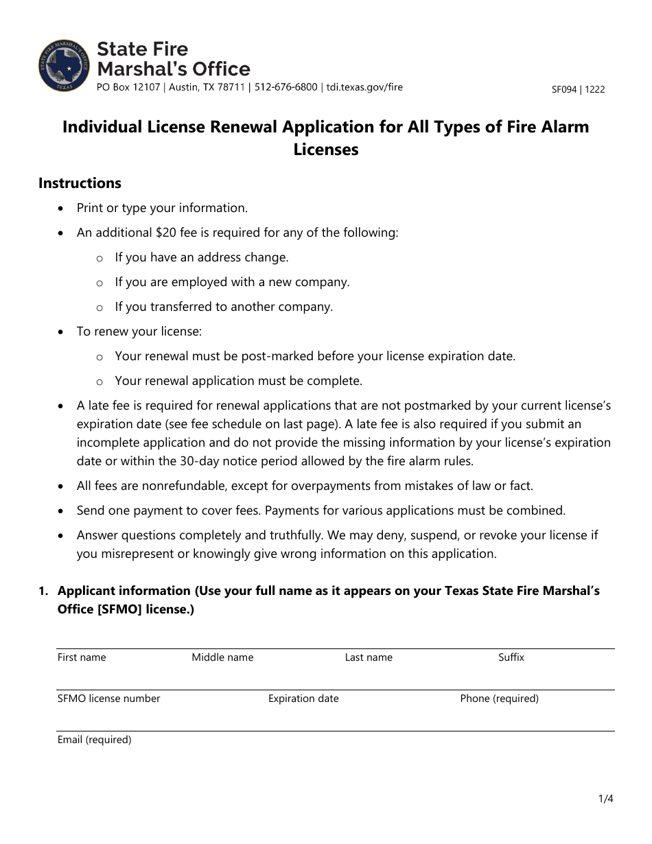 Form SF094 Individual License Renewal Application for All Types of Fire Alarm Licenses - Texas, Page 1