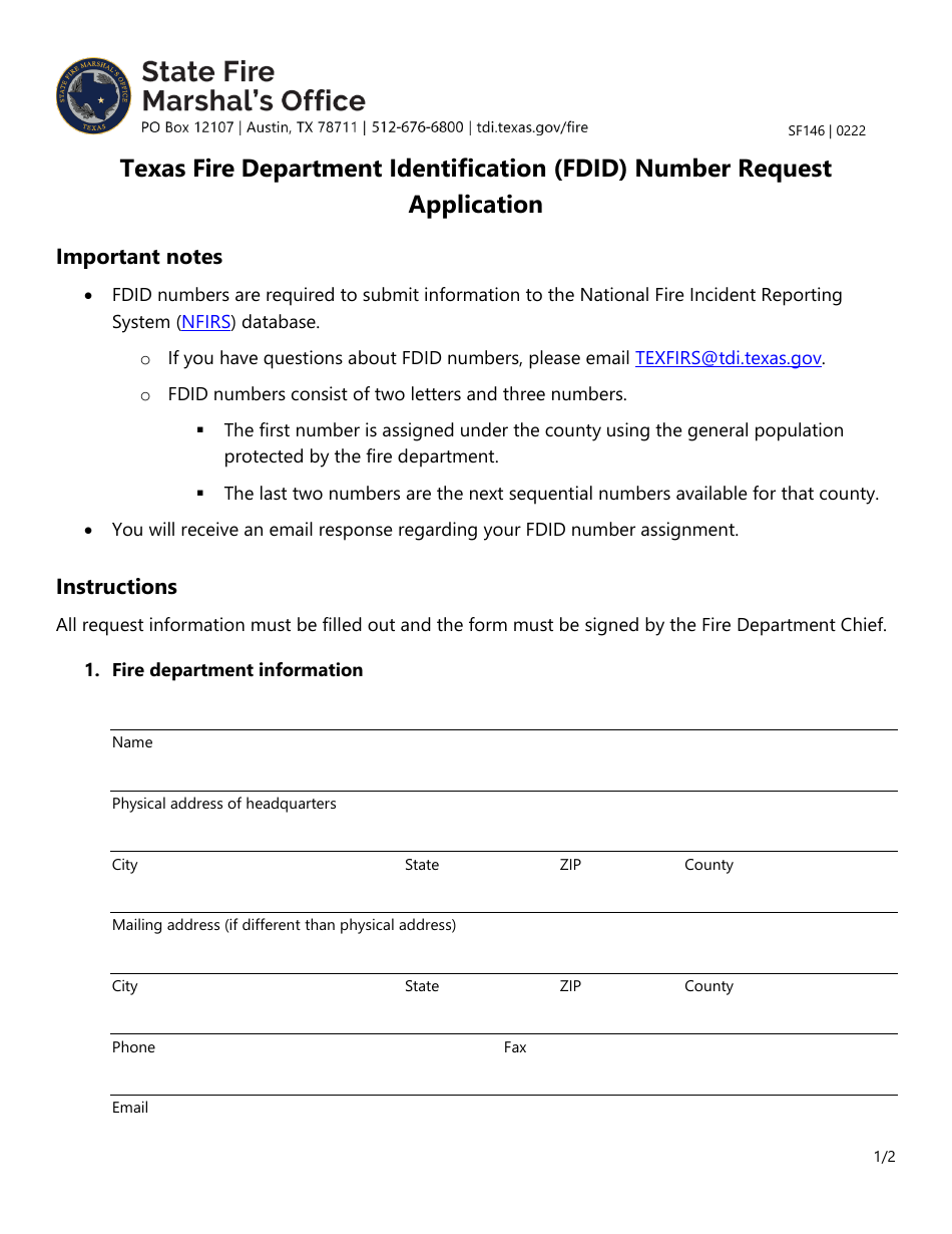 Form SF146 Texas Fire Department Identification (Fdid) Number Request Application - Texas, Page 1