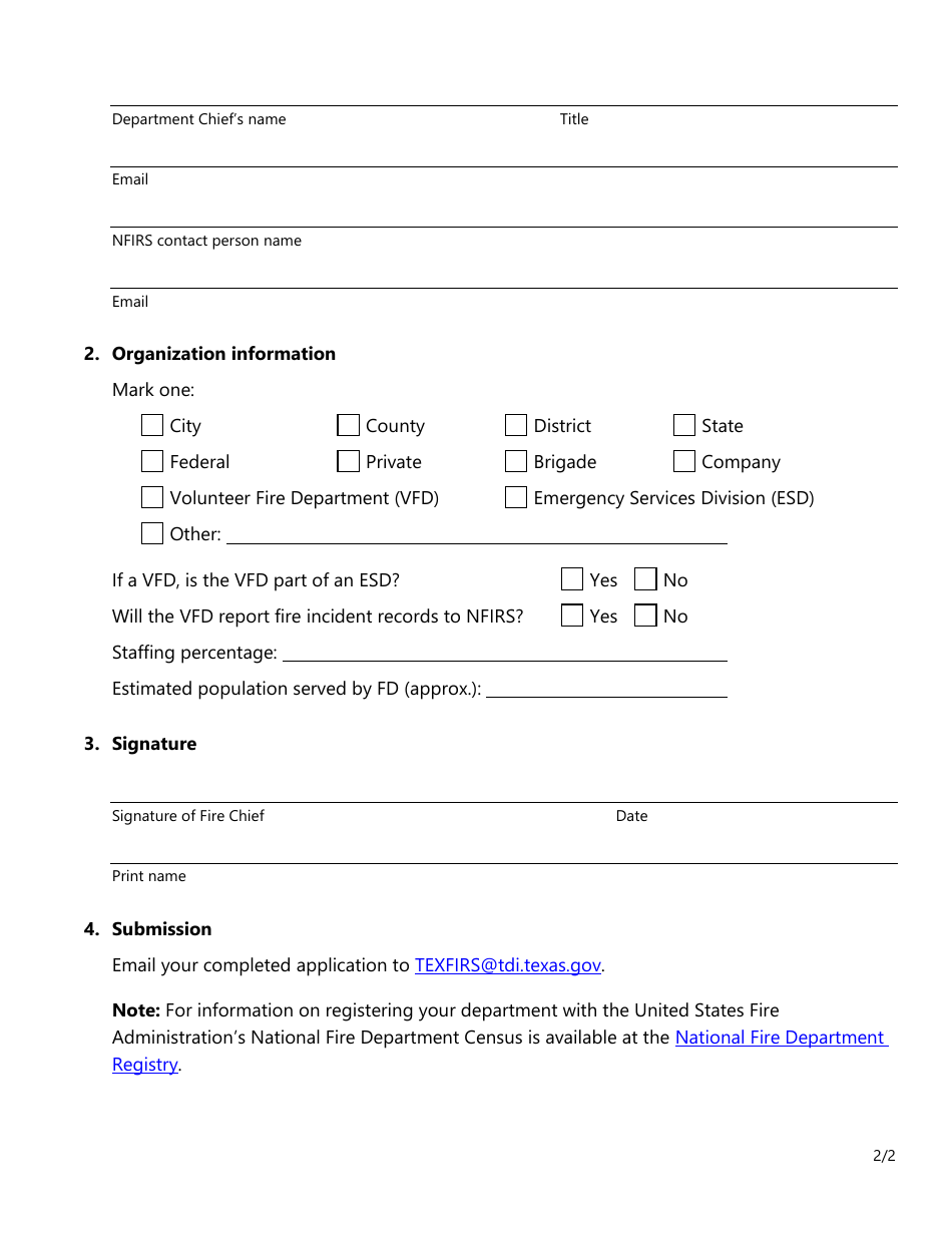 Form SF146 Texas Fire Department Identification (Fdid) Number Request Application - Texas, Page 2