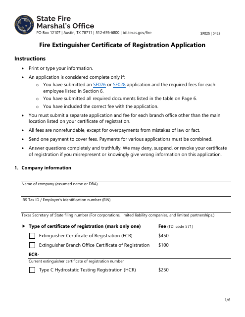 Form SF025 Fire Extinguisher Certificate of Registration Application - Texas