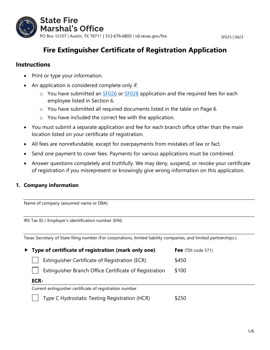 Form SF025 Fire Extinguisher Certificate of Registration Application - Texas, Page 1