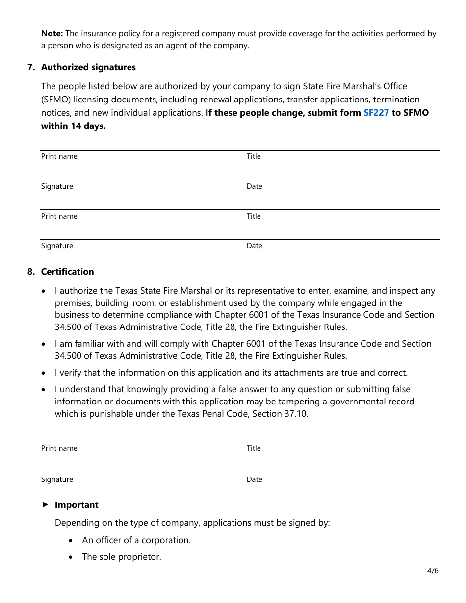Form SF025 Fire Extinguisher Certificate of Registration Application - Texas, Page 4