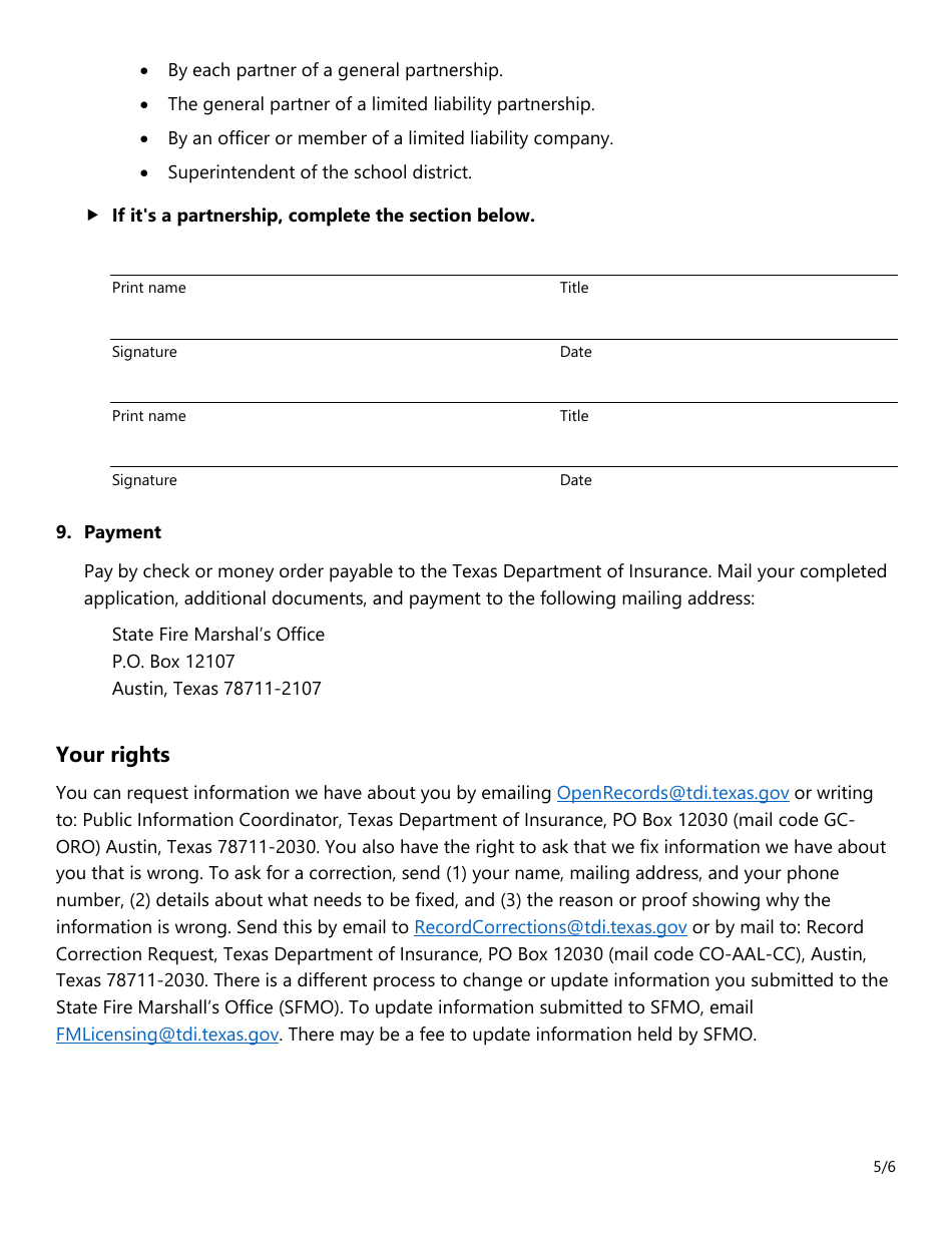 Form SF025 Fire Extinguisher Certificate of Registration Application - Texas, Page 5