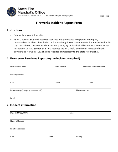 Form SF223 Fireworks Incident Report Form - Texas