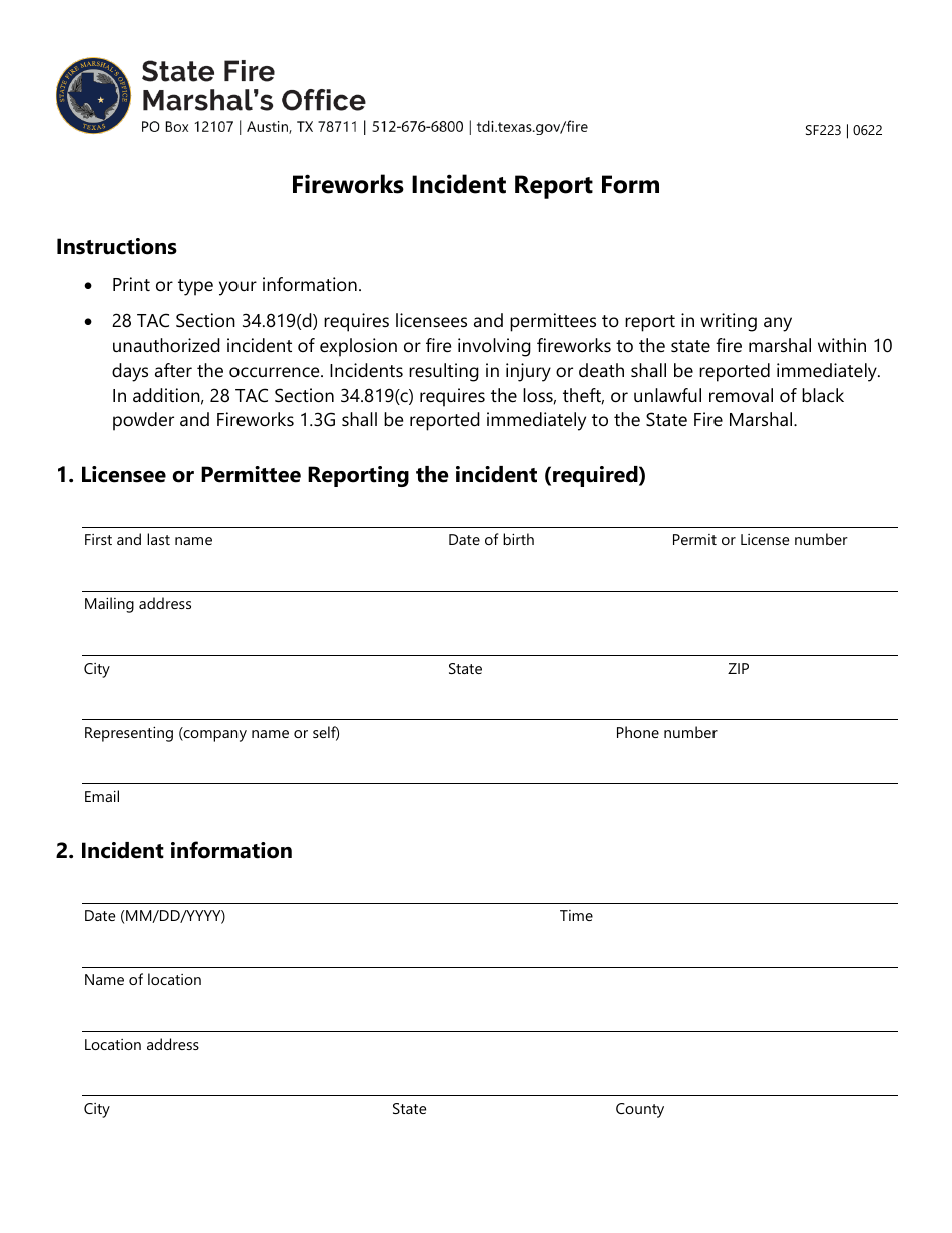 Form SF223 Fireworks Incident Report Form - Texas, Page 1