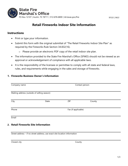 Form SF222 Retail Fireworks Indoor Site Information - Texas