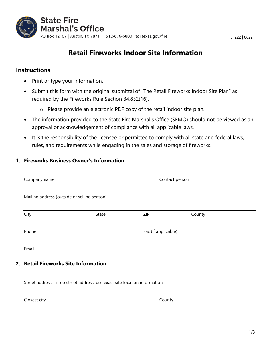 Form SF222 Download Fillable PDF or Fill Online Retail Fireworks Indoor ...