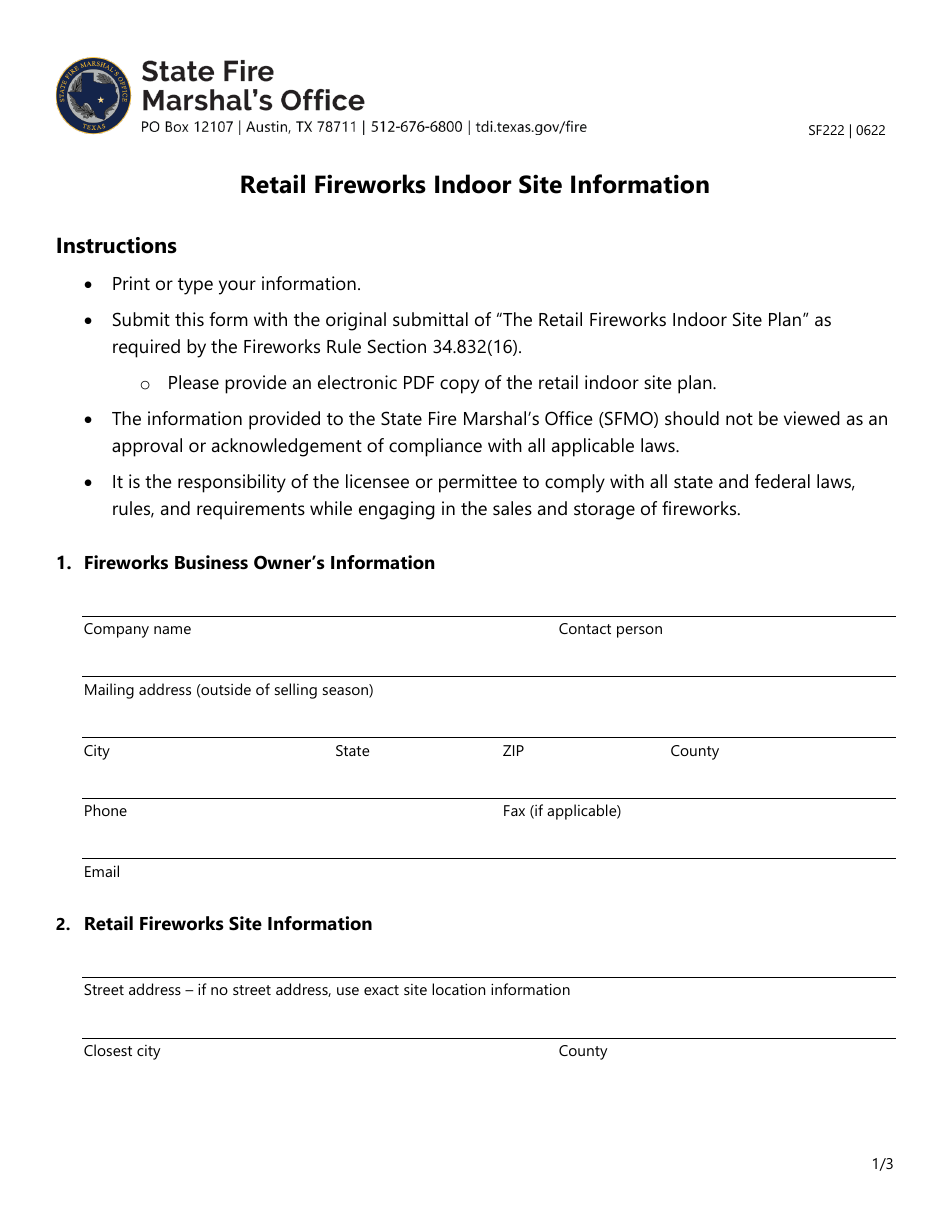 Form SF222 Retail Fireworks Indoor Site Information - Texas, Page 1