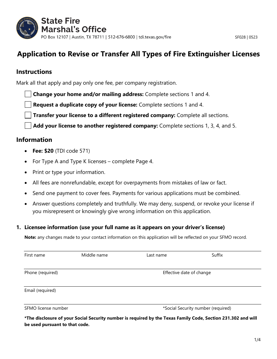 Form SF028 Application to Revise or Transfer All Types of Fire Extinguisher Licenses - Texas, Page 1