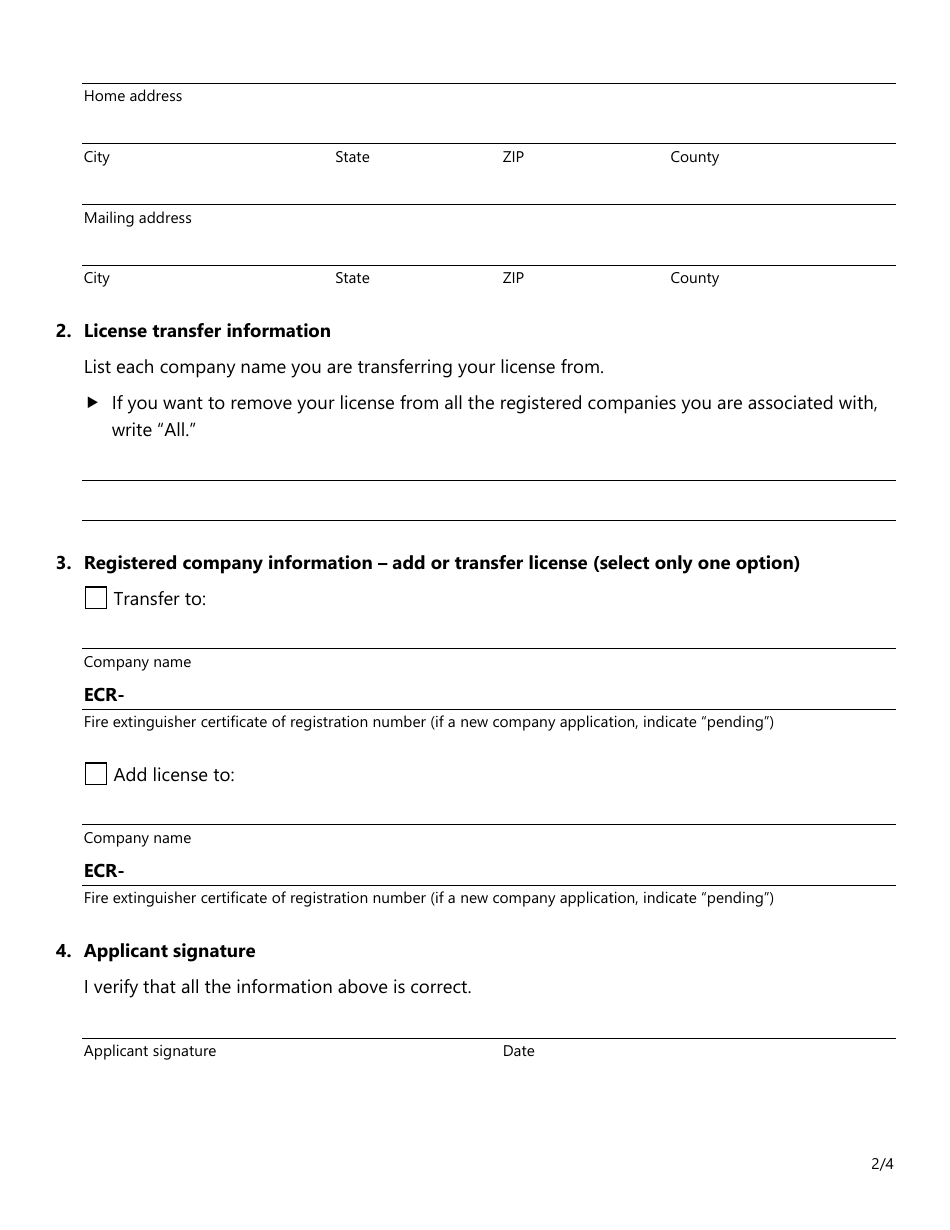 Form SF028 Application to Revise or Transfer All Types of Fire Extinguisher Licenses - Texas, Page 2