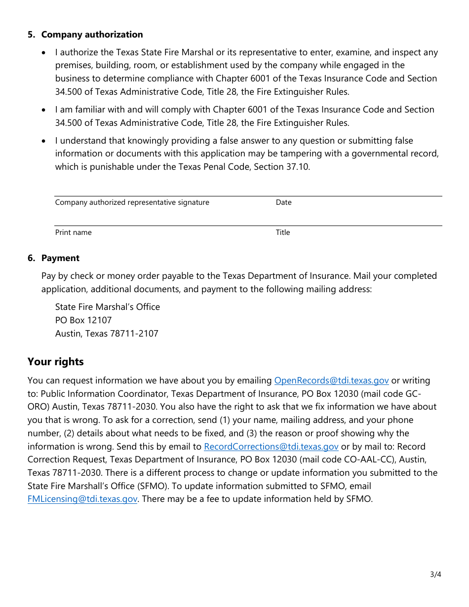 Form SF028 Application to Revise or Transfer All Types of Fire Extinguisher Licenses - Texas, Page 3