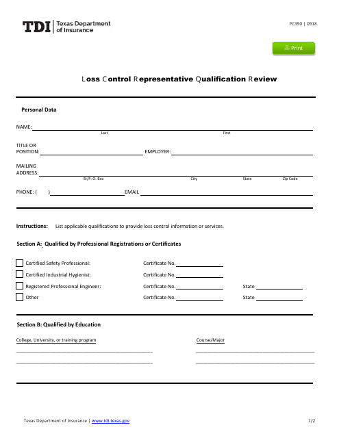 Form PC390 Loss Control Representative Qualification Review - Texas