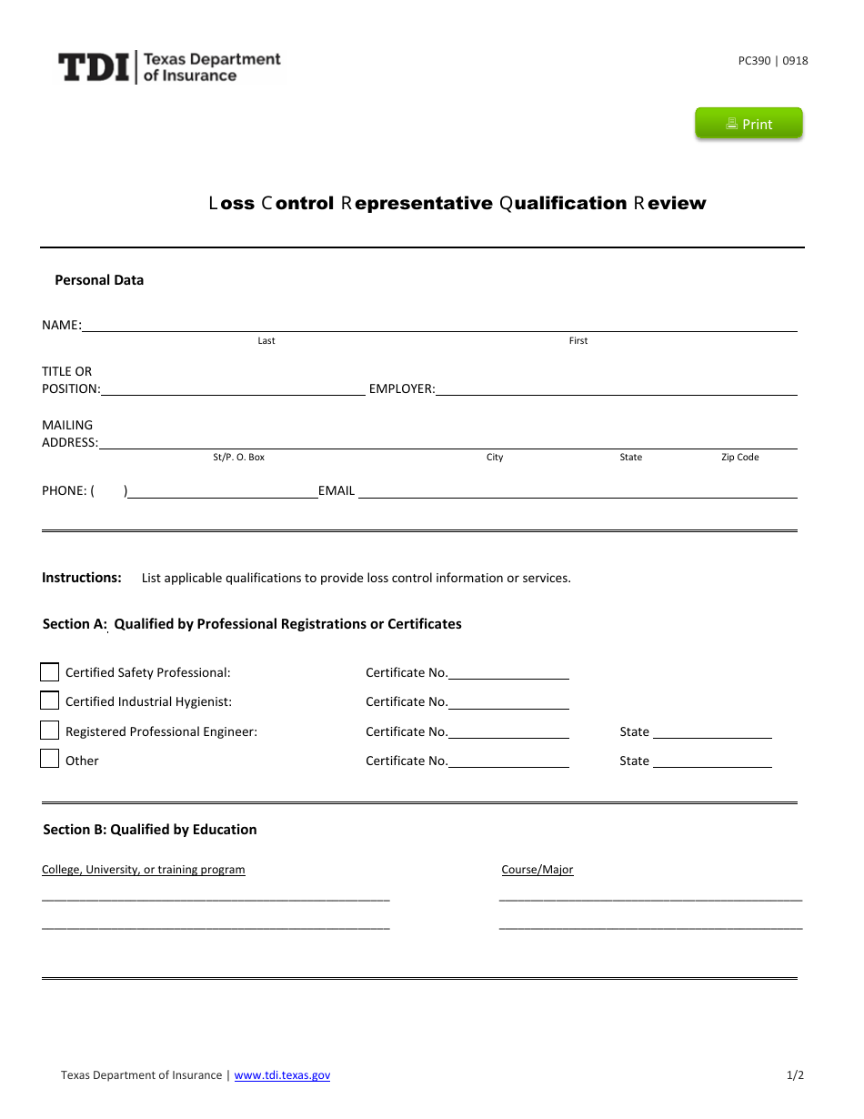 Form PC390 Loss Control Representative Qualification Review - Texas, Page 1