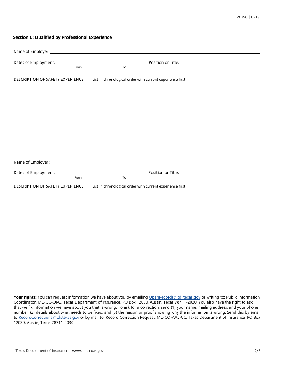 Form PC390 Loss Control Representative Qualification Review - Texas, Page 2