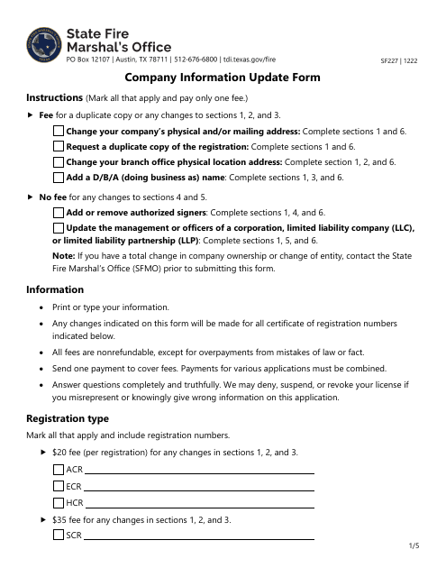 Form SF227 Company Information Update Form - Texas