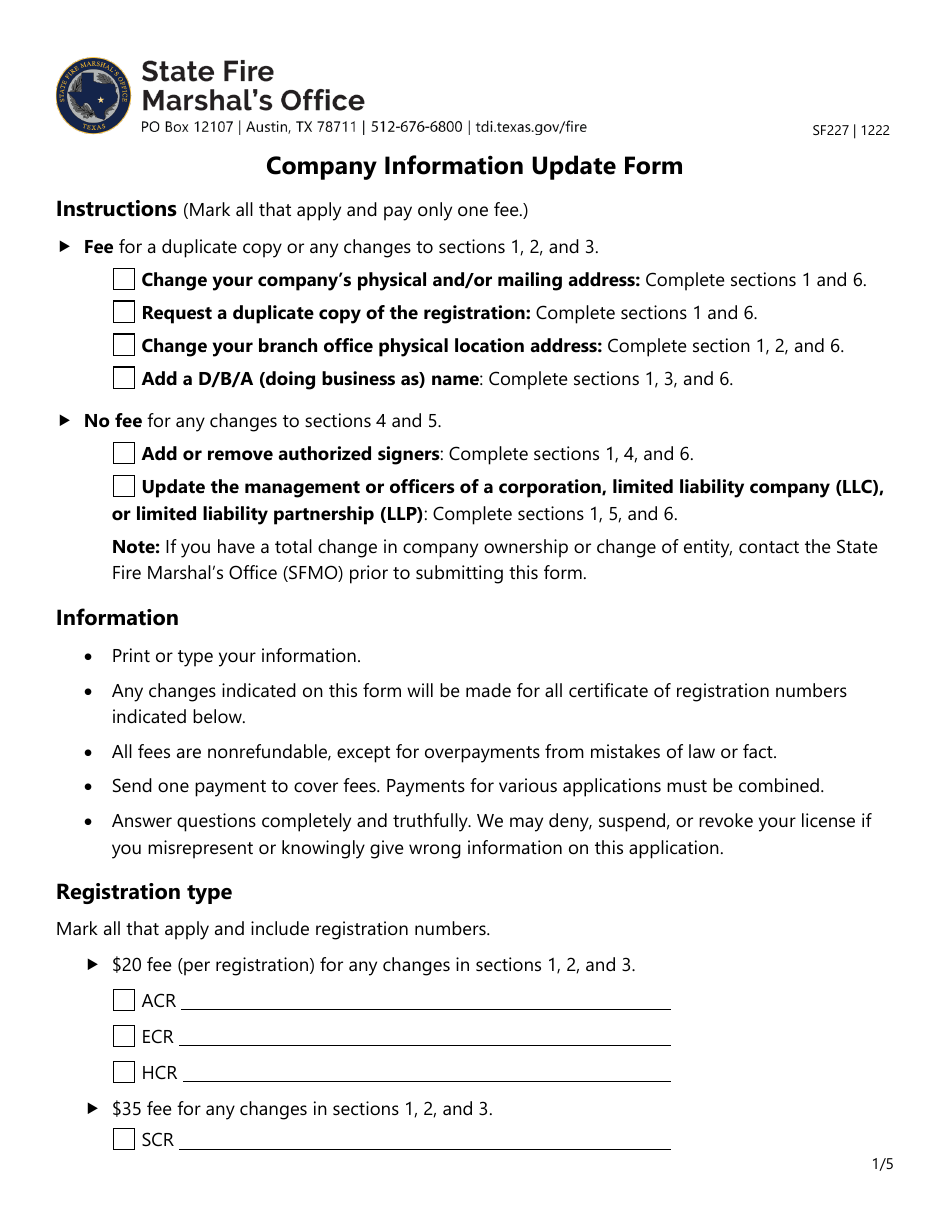 Form SF227 Company Information Update Form - Texas, Page 1