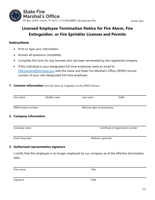 Form SF228 Licensed Employee Termination Notice for Fire Alarm, Fire Extinguisher, or Fire Sprinkler Licenses and Permits - Texas