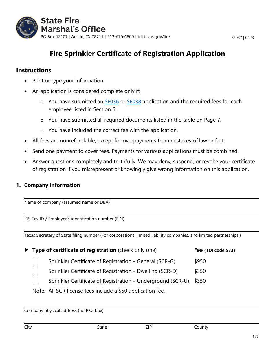 Form SF037 Fire Sprinkler Certificate of Registration Application - Texas, Page 1