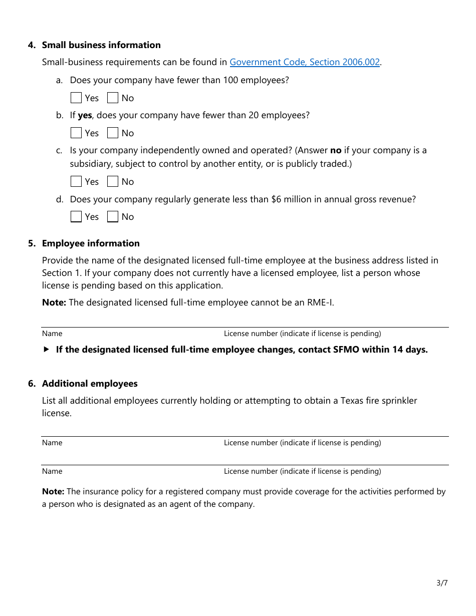 Form SF037 Fire Sprinkler Certificate of Registration Application - Texas, Page 3
