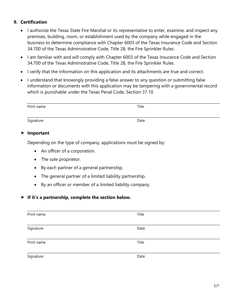 Form SF037 Fire Sprinkler Certificate of Registration Application - Texas, Page 5
