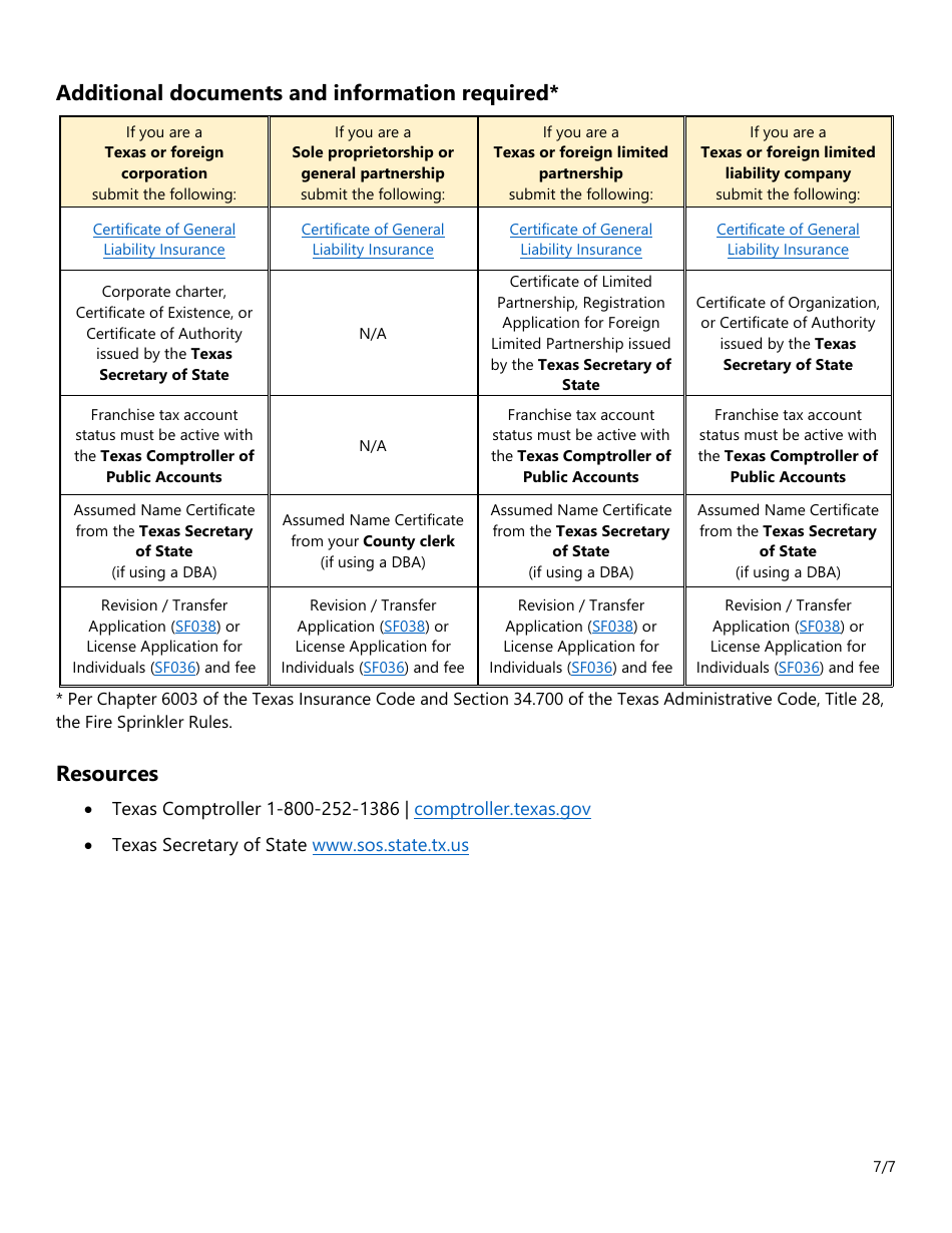 Form SF037 Fire Sprinkler Certificate of Registration Application - Texas, Page 7