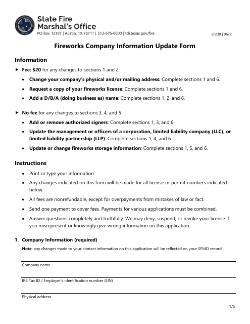 Form SF230 Fireworks Company Information Update Form - Texas