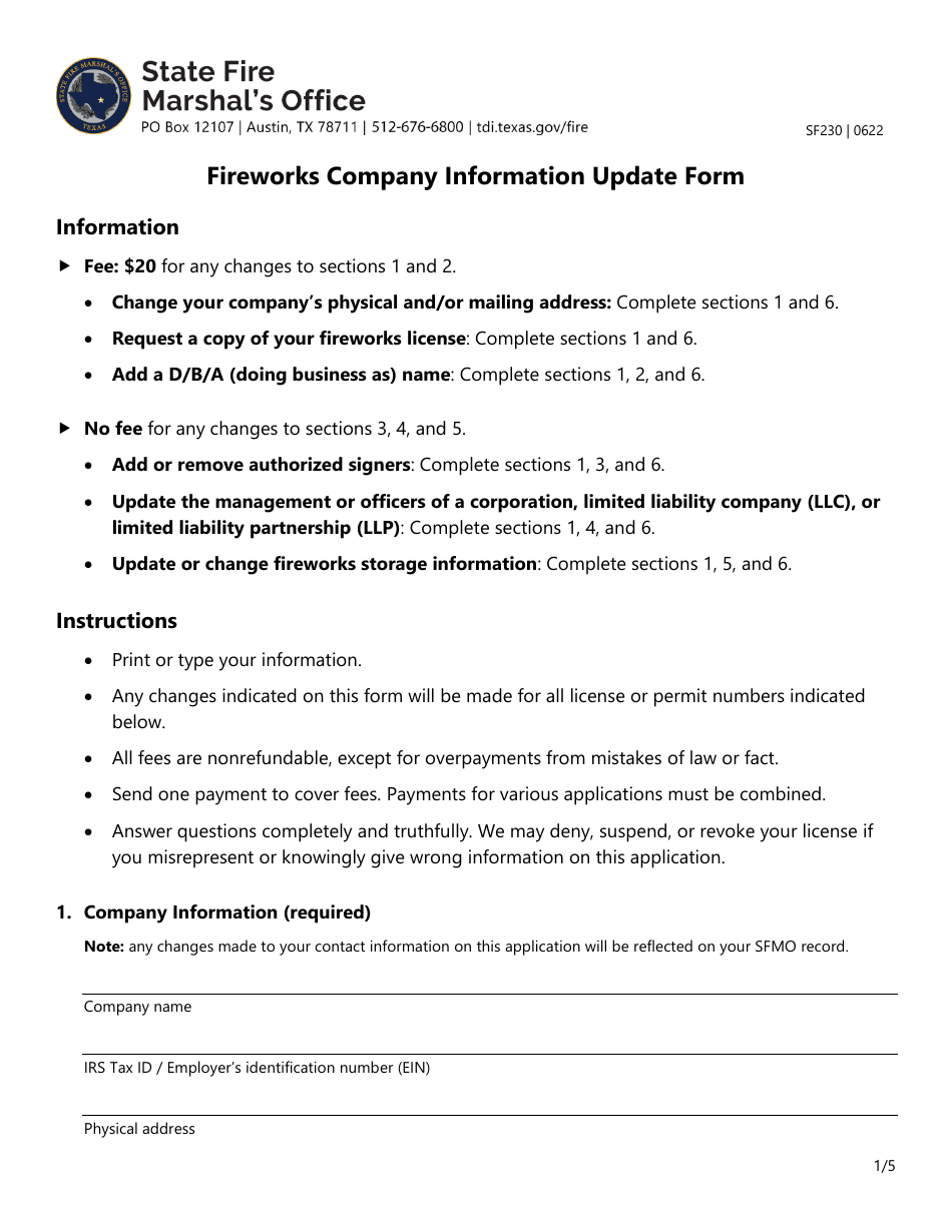 Form SF230 Fireworks Company Information Update Form - Texas, Page 1