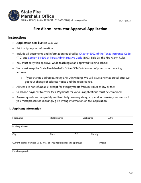 Form SF247 Fire Alarm Instructor Approval Application - Texas