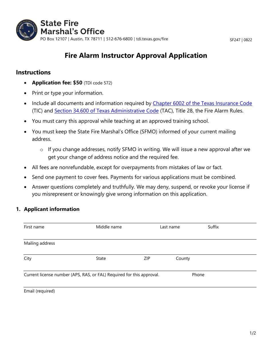 Form SF247 Fire Alarm Instructor Approval Application - Texas, Page 1