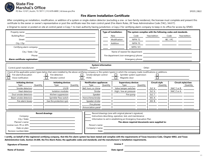 Form SF035 Fire Alarm Installation Certificate - Texas