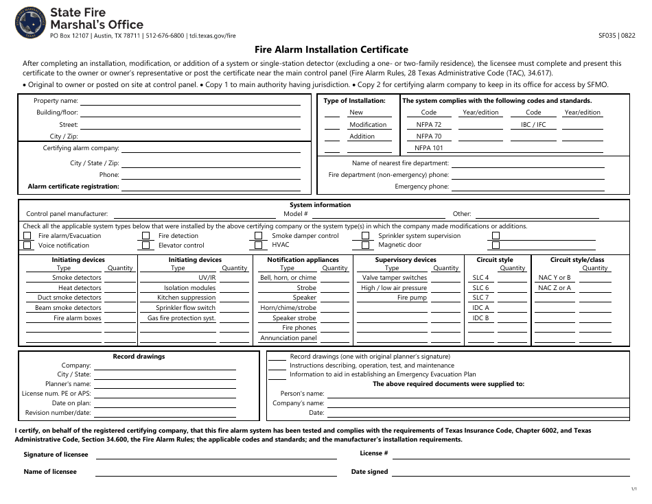 Form SF035 Fire Alarm Installation Certificate - Texas, Page 1