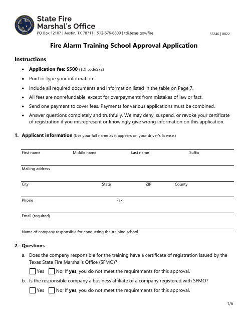 Form SF246 Fire Alarm Training School Approval Application - Texas