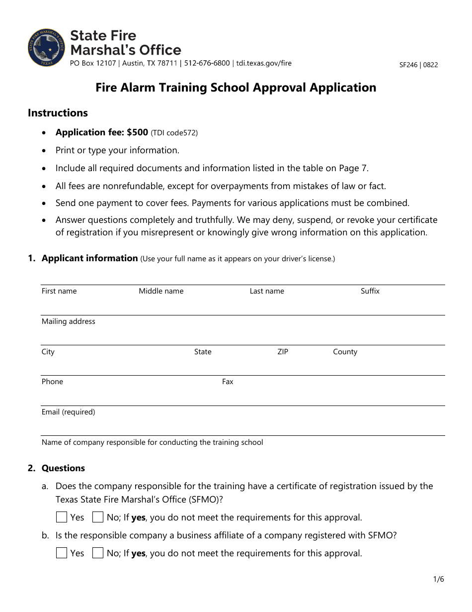 Form SF246 Fire Alarm Training School Approval Application - Texas, Page 1