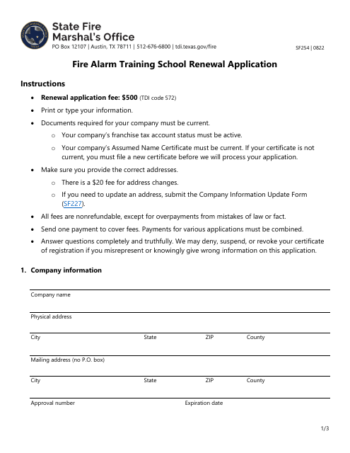 Form SF254 Fire Alarm Training School Renewal Application - Texas