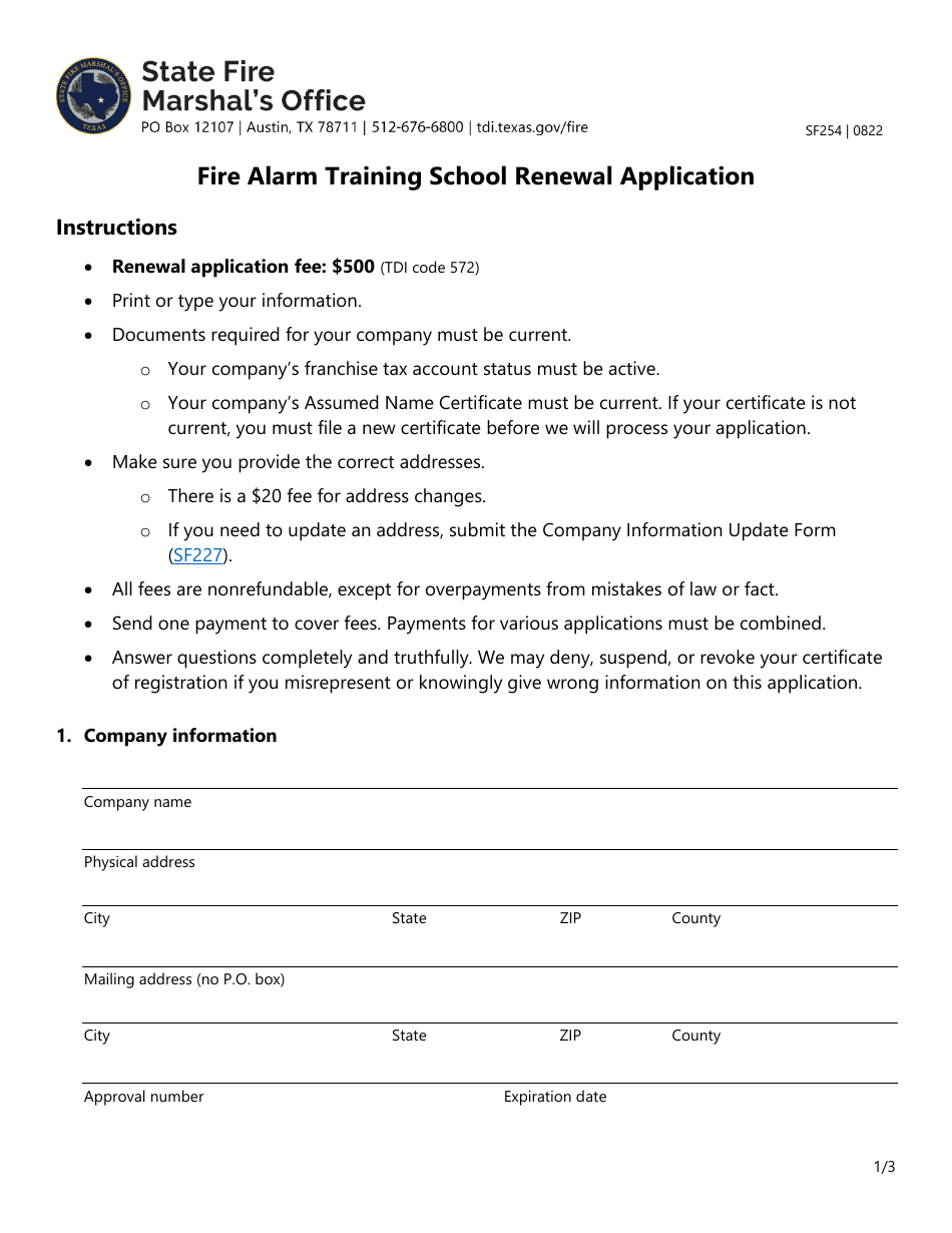Form SF254 Fire Alarm Training School Renewal Application - Texas, Page 1