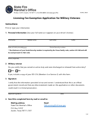 Document preview: Form SF265 Licensing Fee Exemption Application for Military Veterans - Texas