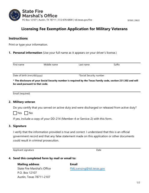 Form SF265 Licensing Fee Exemption Application for Military Veterans - Texas