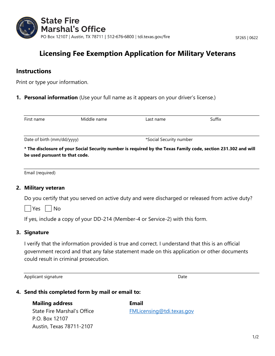 Form SF265 Licensing Fee Exemption Application for Military Veterans - Texas, Page 1