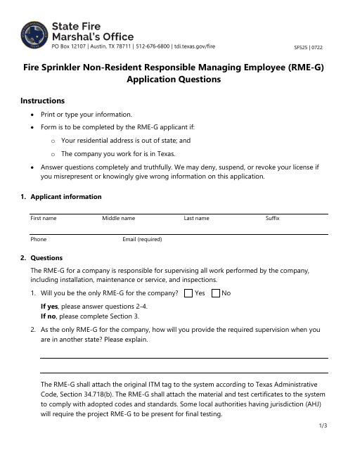 Form SF525 Fire Sprinkler Non-resident Responsible Managing Employee (Rme-G) Application Questions - Texas