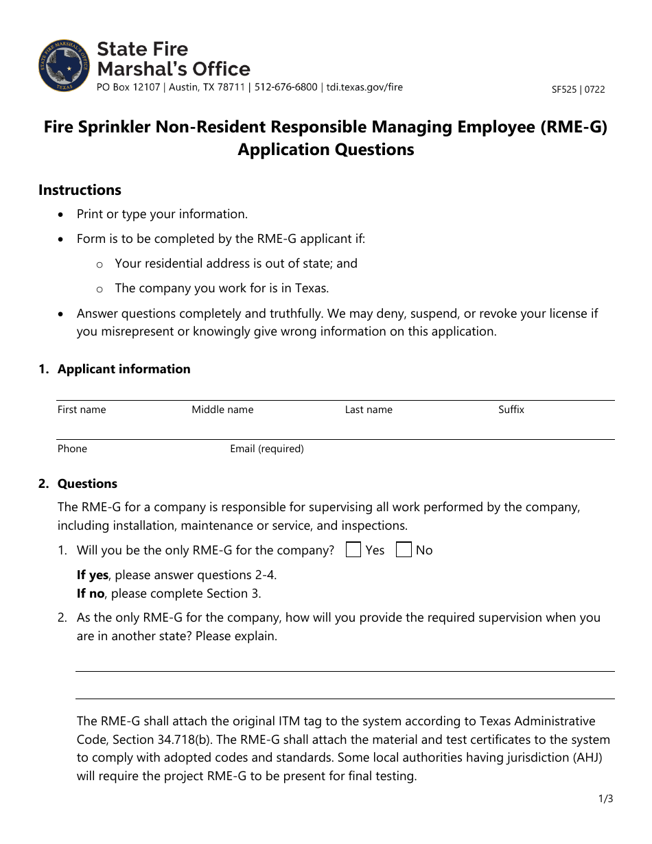 Form SF525 Fire Sprinkler Non-resident Responsible Managing Employee (Rme-G) Application Questions - Texas, Page 1
