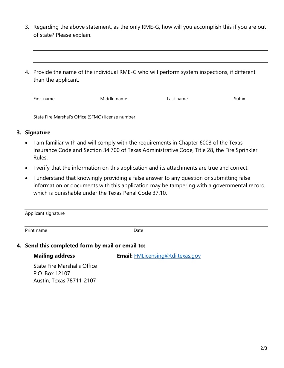Form SF525 Fire Sprinkler Non-resident Responsible Managing Employee (Rme-G) Application Questions - Texas, Page 2