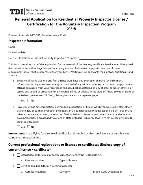 Form PC423 (VIP-6) Renewal Application for Residential Property Inspector License/Certification for the Voluntary Inspection Program - Texas