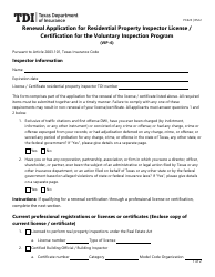 Form PC423 (VIP-6) Renewal Application for Residential Property Inspector License/Certification for the Voluntary Inspection Program - Texas