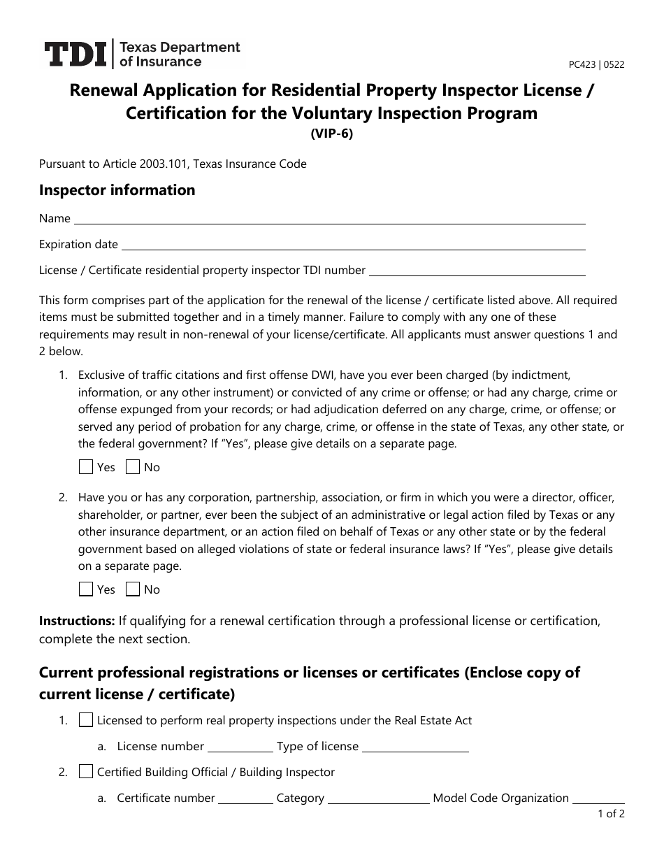 Form PC423 (VIP-6) Renewal Application for Residential Property Inspector License / Certification for the Voluntary Inspection Program - Texas, Page 1