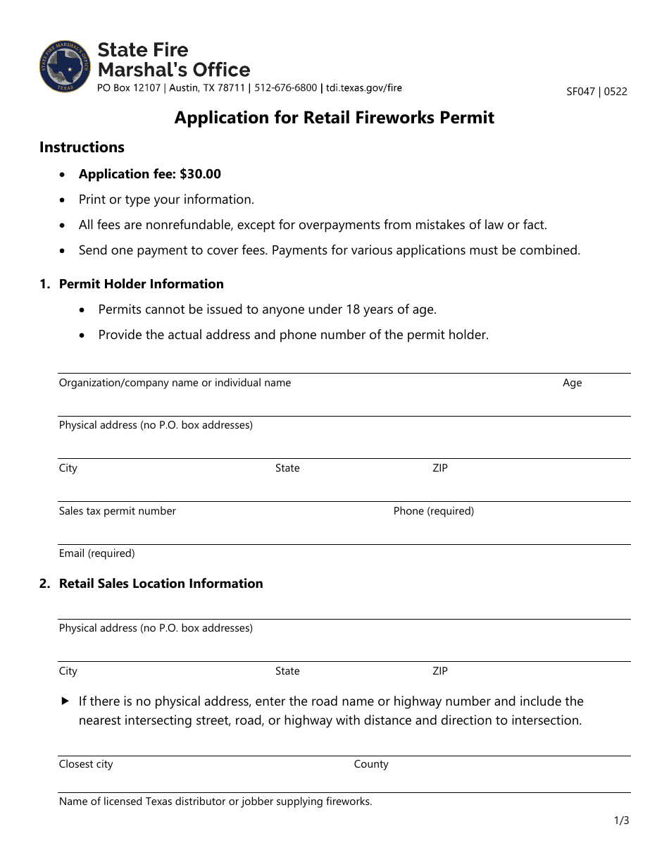 Form SF047 Application for Retail Fireworks Permit - Texas, Page 1